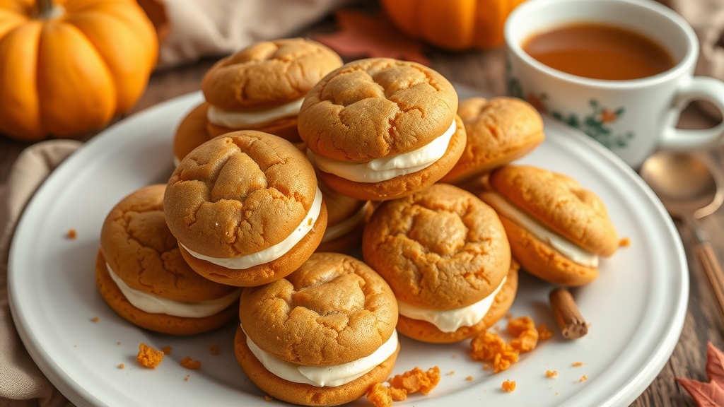 Pumpkin Spice Whoopie Pies Recipe A plate of pumpkin spice whoopie pies with creamy filling, accompanied by a cup of coffee.